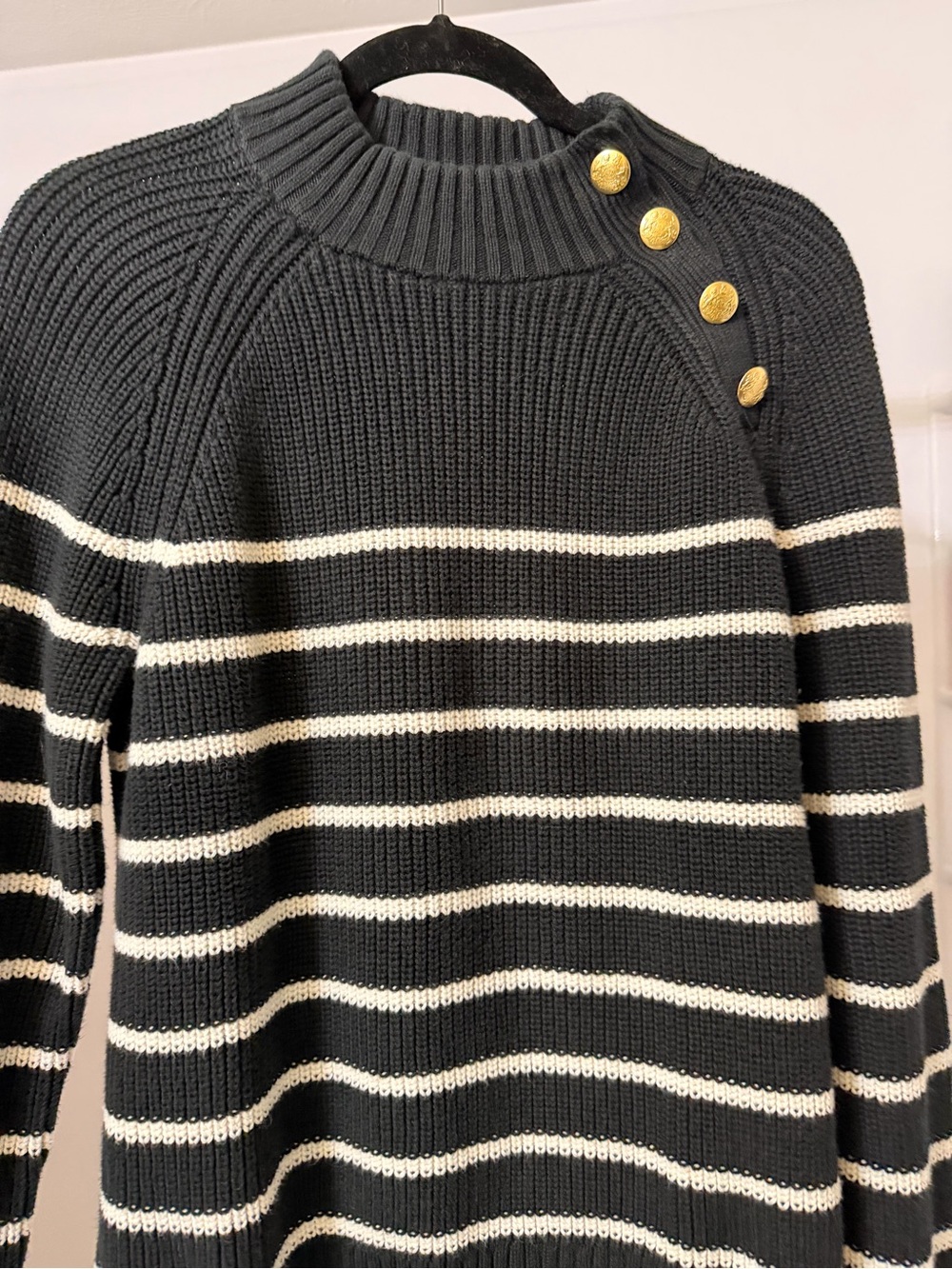 J. Crew Black & Cream Striped Turtleneck Sweater with Gold Buttons